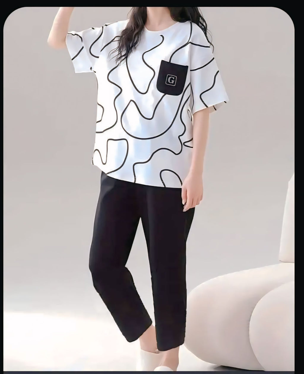 Women Printed Night Suit White Black Jersey 2Pcs Medium to XL