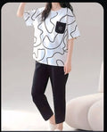 Women Printed Night Suit White Black Jersey 2Pcs Medium to XL