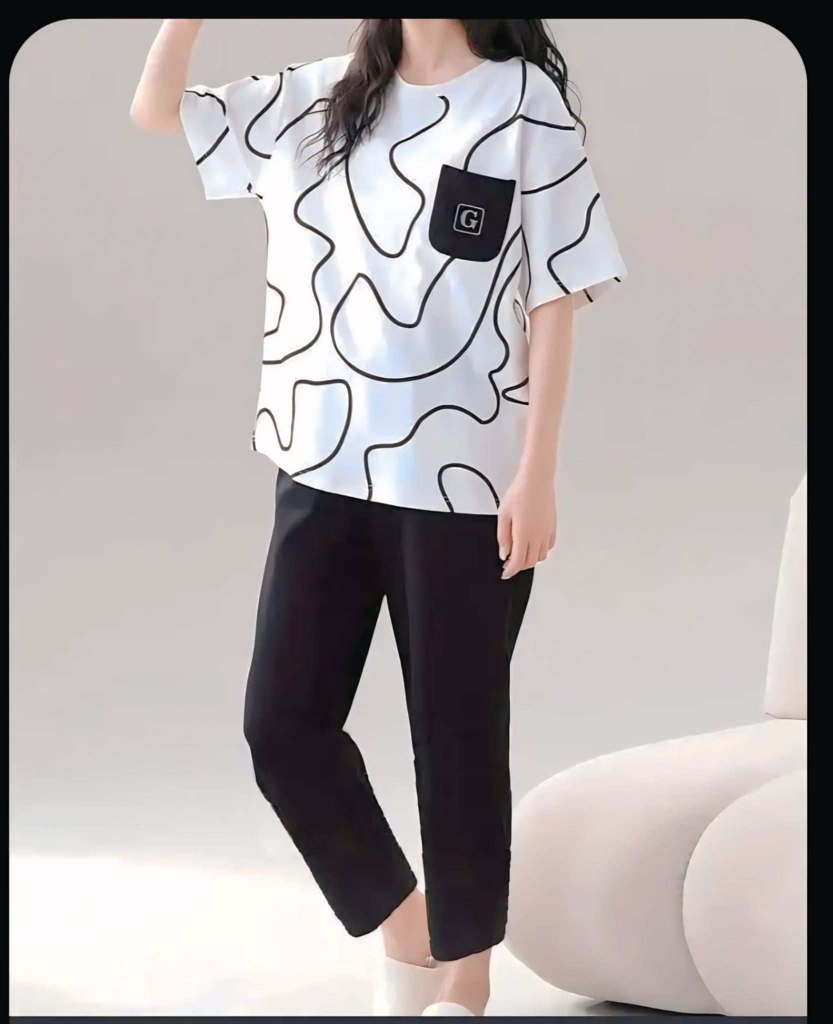 Women Printed Night Suit White Black Jersey 2Pcs Medium to XL
