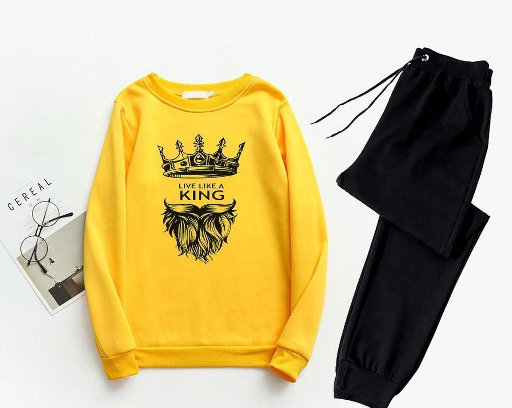 Men Printed Yellow Track Suit 2Pcs Polyester King Crown Design