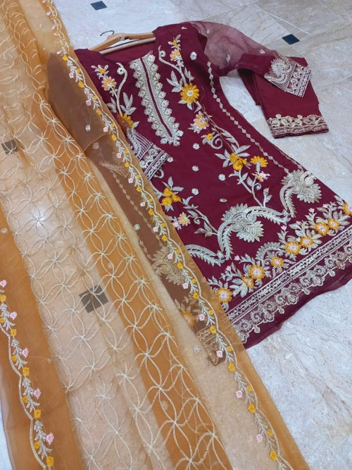 Maroon Embroidered 3Pcs Women's Suit Organza Dupata
