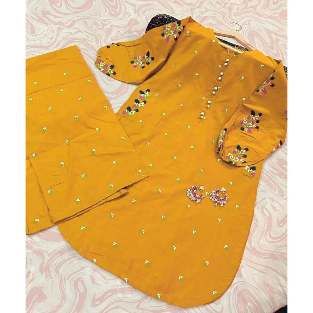 Yellow Embroidered 2-Pcs Cotton Set For Women