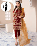 Maroon Embroidered 3Pcs Women's Suit Organza Dupata